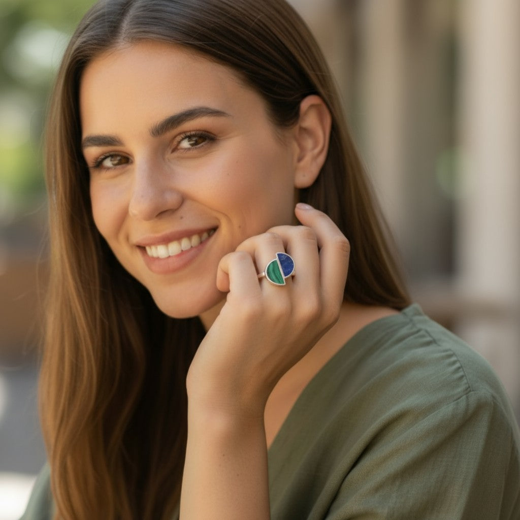 Bague Lapis lazuli et Malachite AA argent 925