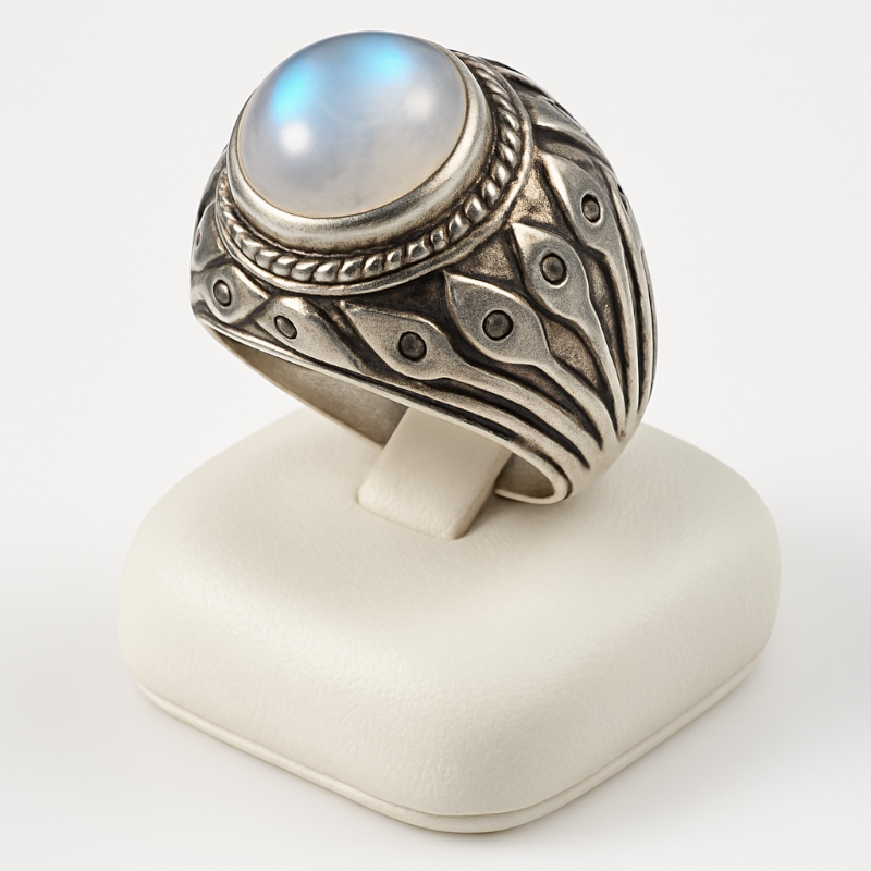 Bague pierre de lune arc en ciel (péristérite) Inde AA argent 925 - Taille 58