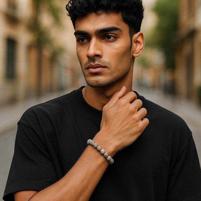 Pulsera ágata loca gris Mexico A (bolas 7-8mm) - Talla L