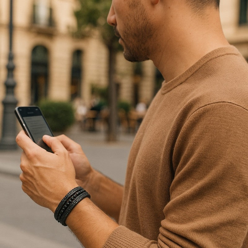 Pulsera de cuero de ónix esmerilado para hombre (bolas de 3-4 mm)