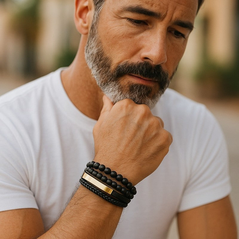 Pulsera de hombre en cuero de ónix esmerilado y piedra de lava