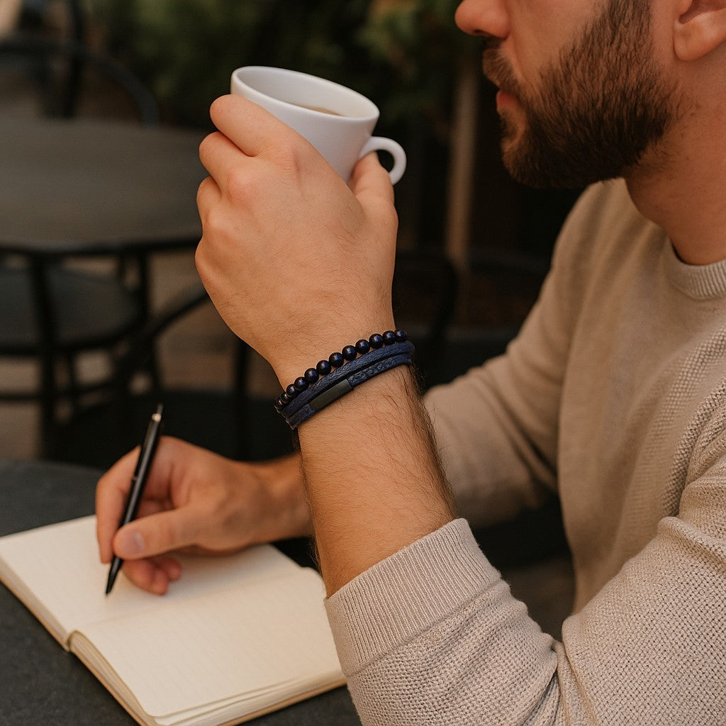 Bracelet Homme cuir bleu pierre d&