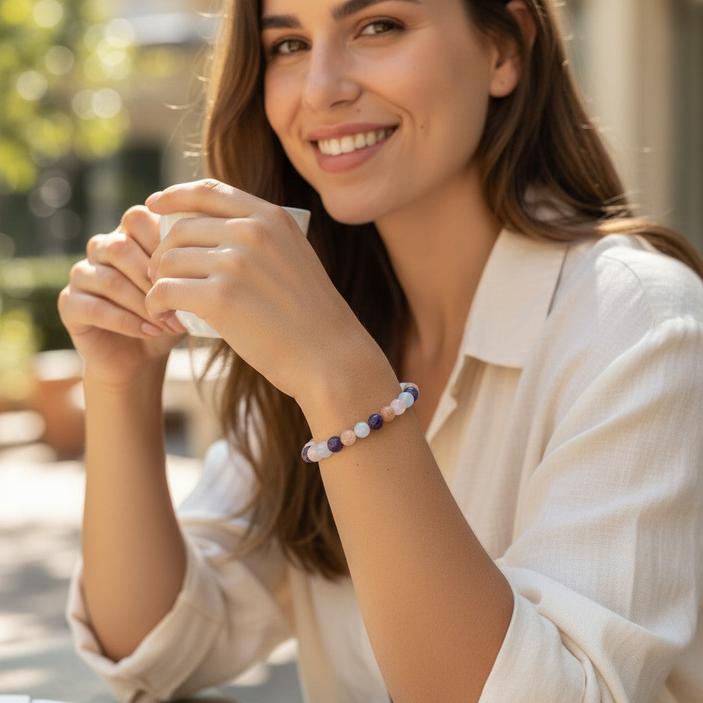 Bracelet multi aigue-marine, lepidolite, pierre de soleil, quartz rose A+ (boules 5-6mm)