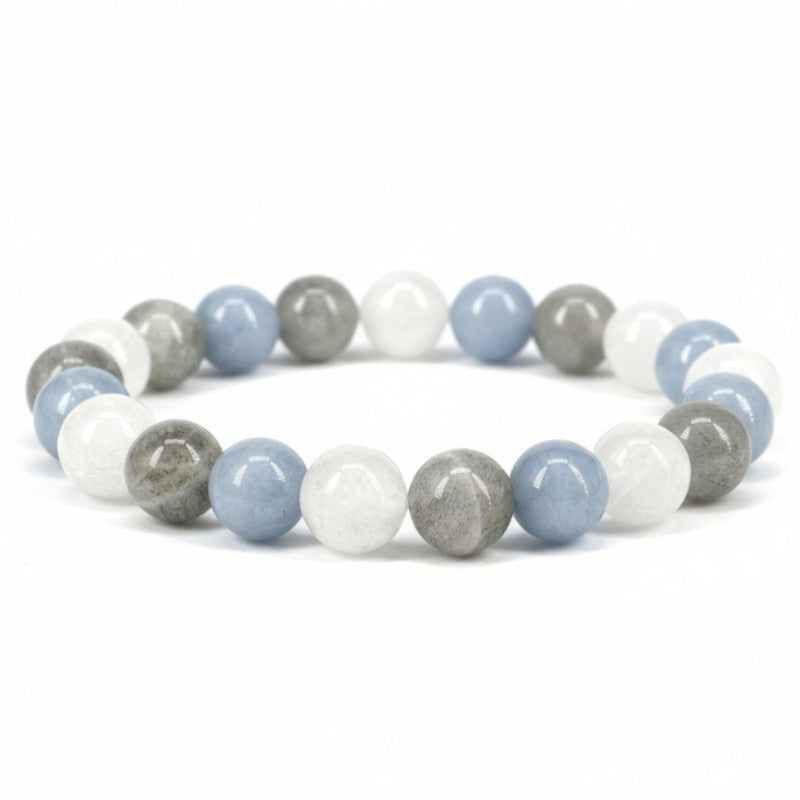 Bracelet multi angelite, labradorite, pierre de lune A+ (boules 7-8mm)