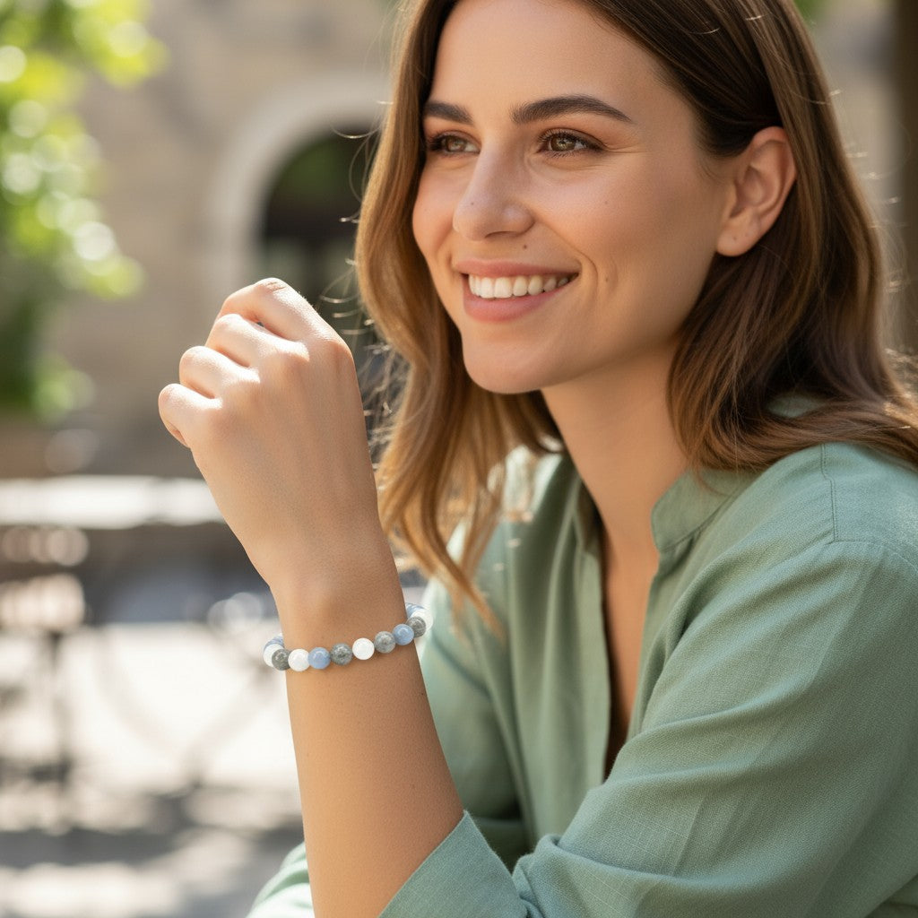 Bracelet multi angelite, labradorite, pierre de lune A+ (boules 7-8mm)