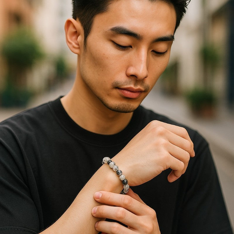 Bracelet quartz inclusions de tourmaline Brésil A (boules 7-8mm) - Taille L