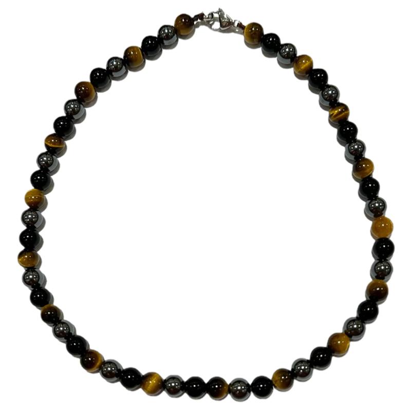 Collier Triple protection (hématite, oeil de tigre, obsidienne) A - 45cm