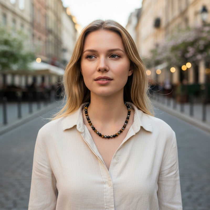 Collier Triple protection (hématite, oeil de tigre, obsidienne) A - 45cm