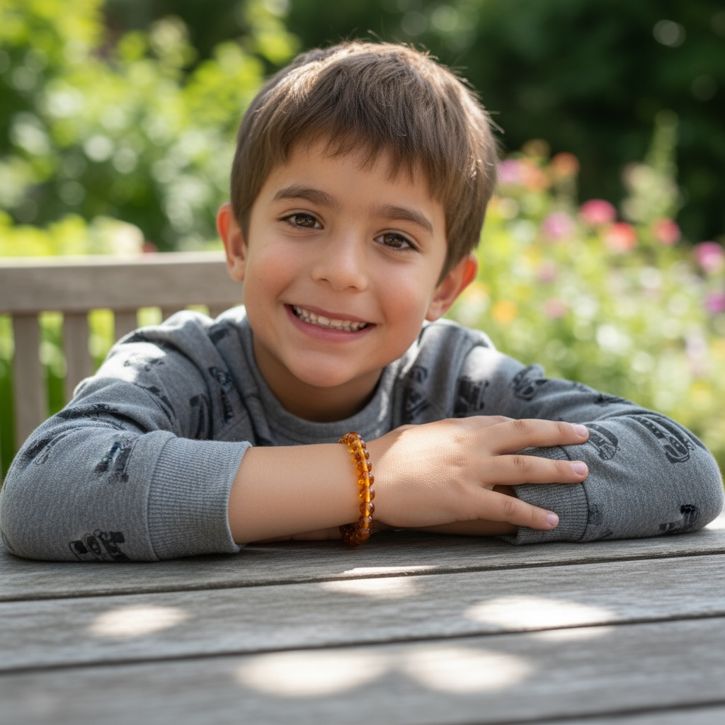 Pulsera infantil de ámbar coñac talla A (cuentas de 4-5 mm)