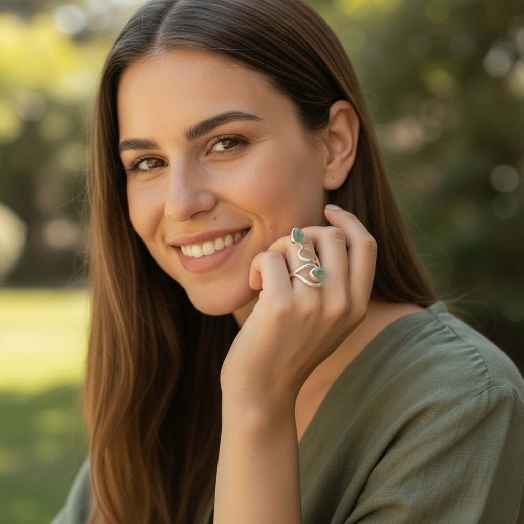 Bague réglable Aventurine verte Brésil AA argent 925