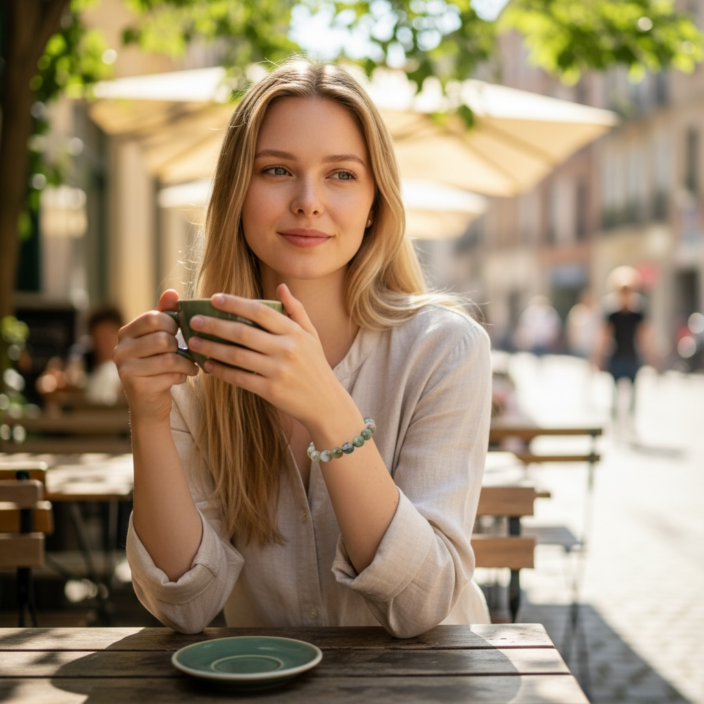 Pulsera de ágata de musgo AB de Brasil (bolas de 5-6 mm)