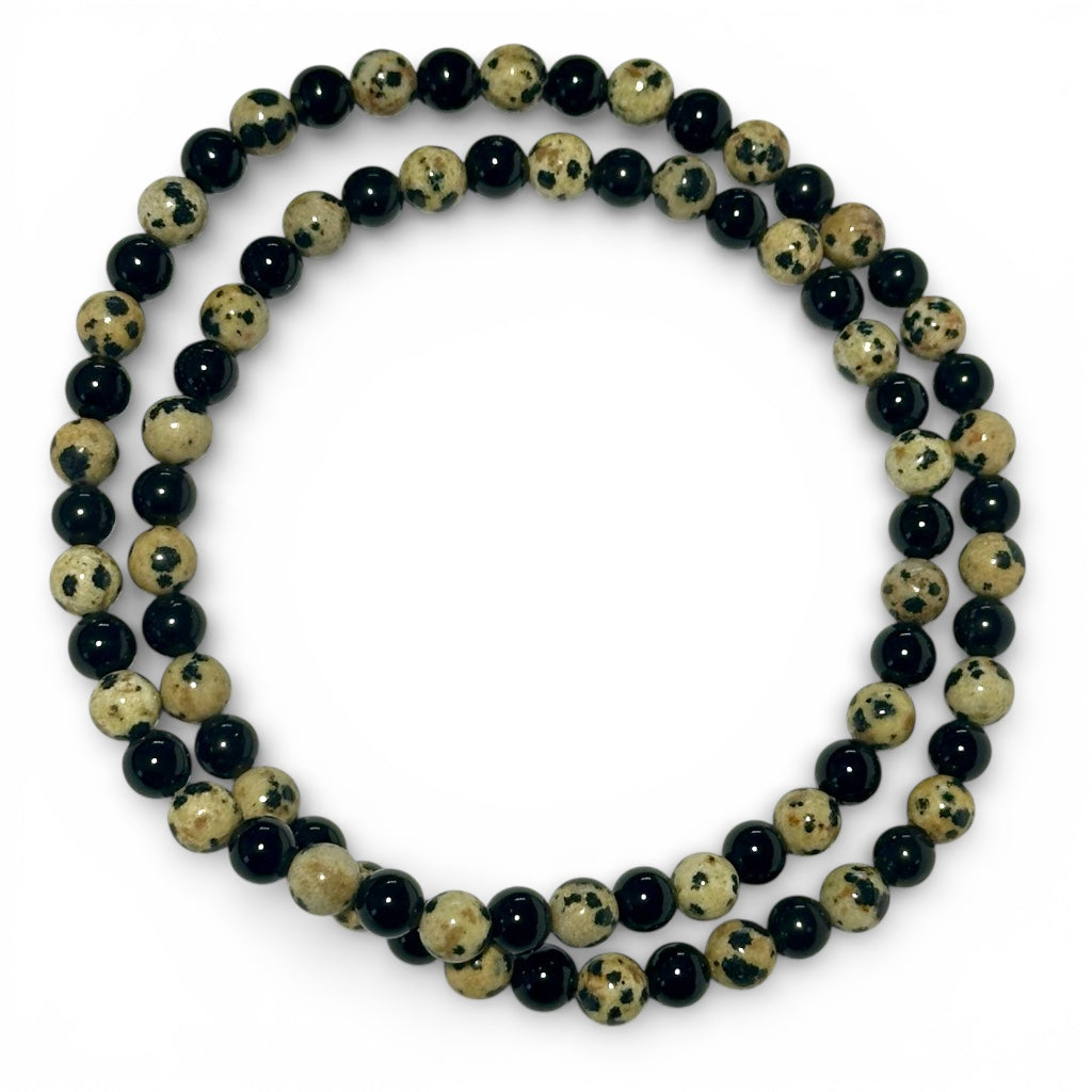 Collier/Bracelet obsidienne oeil céleste/jaspe dalmatien A (boules 5-6mm)