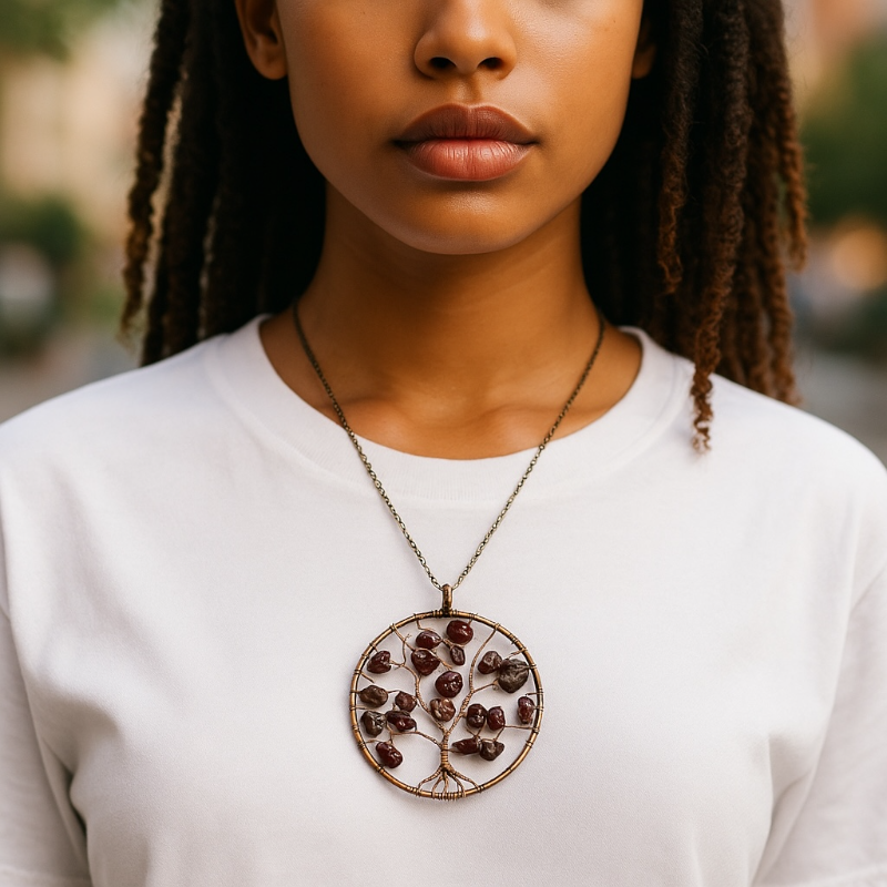 Pendentif arbre de vie grenat rouge almandin 50mm + cordon