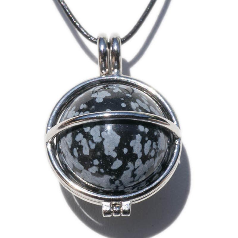 Pendentif boule obsidienne neige Mexique A dans cage acier inoxydable