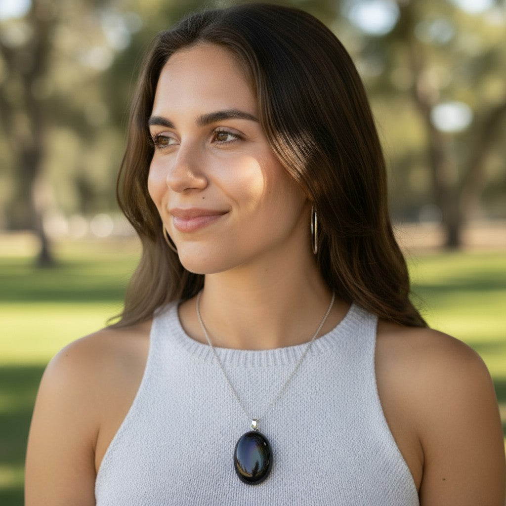 Colgante de obsidiana ojo celeste México AA piedra laminada lazo de plata 925