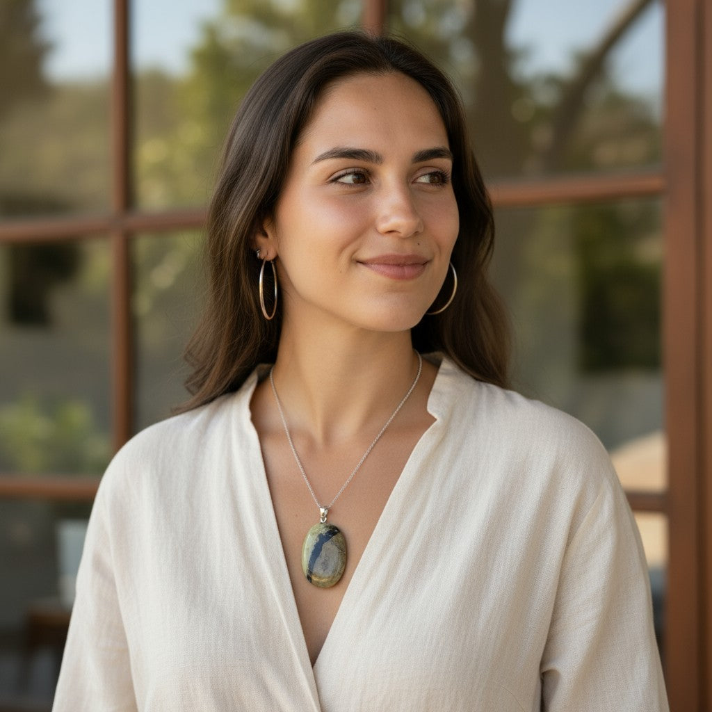 Pendentif septaria Madagascar A+ pierre roulée boucle argent 925