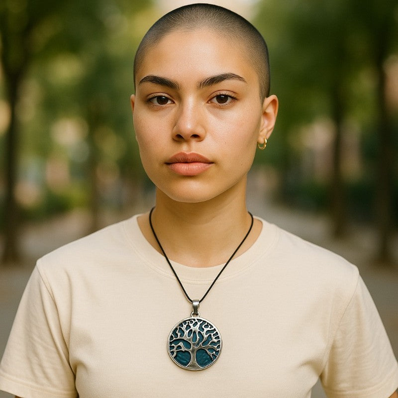 Blue tinted agate tree of life pendant Brazil A