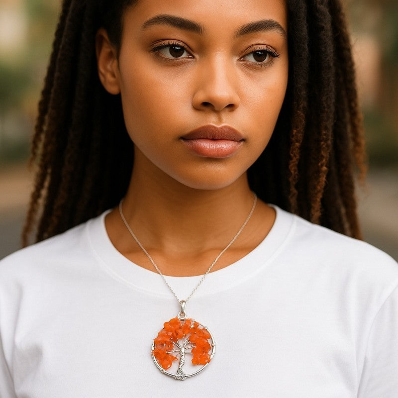 Carnelian tree of life pendant Brazil A 40mm stainless steel
