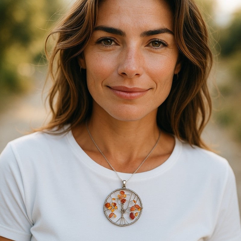 Pendentif arbre de vie cornaline 50mm + cordon