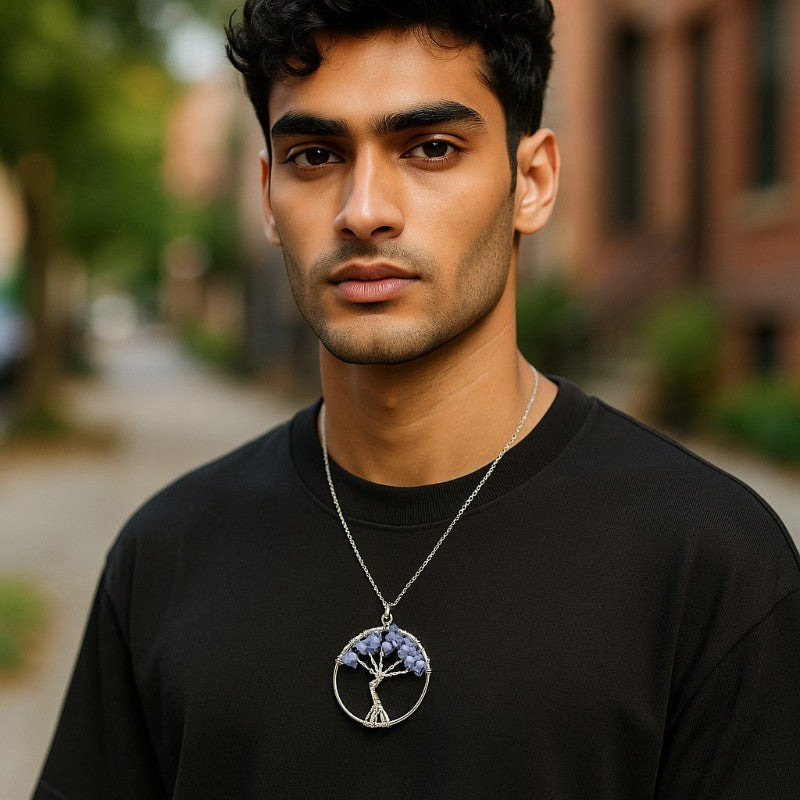 Tree of life pendant iolite (cordierite) India 35-40mm Stainless steel