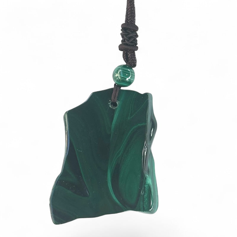 Pendentif malachite Congo AA pierre plate + cordon