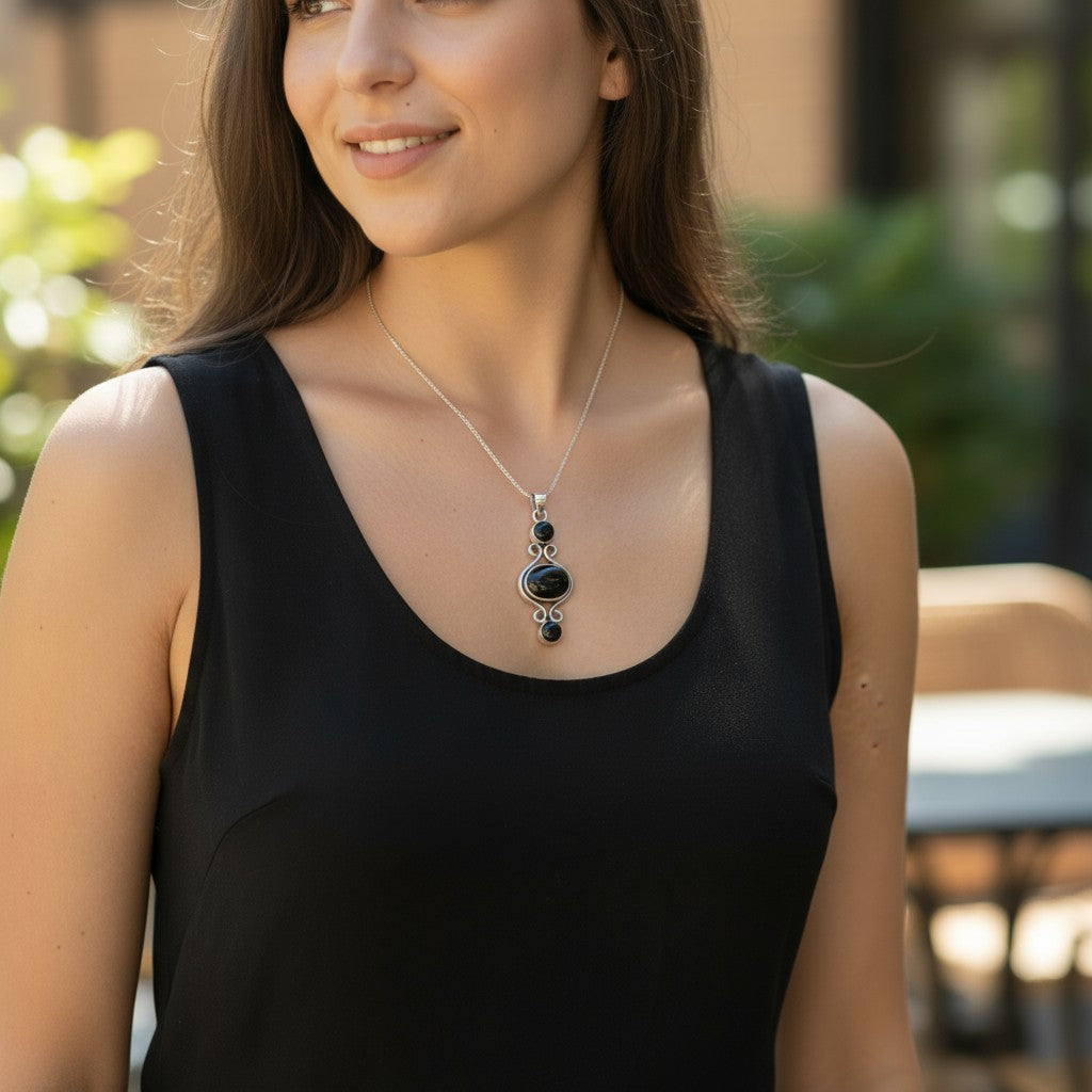 Pendentif onyx noir Brésil AA argent 925