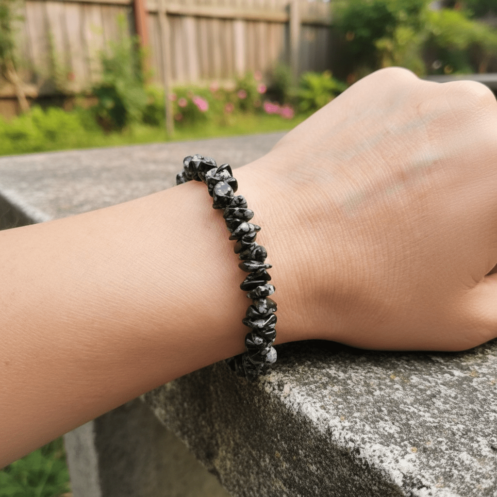Bracelet obsidienne neige Mexique A (perles baroques) - La Boite à Cailloux