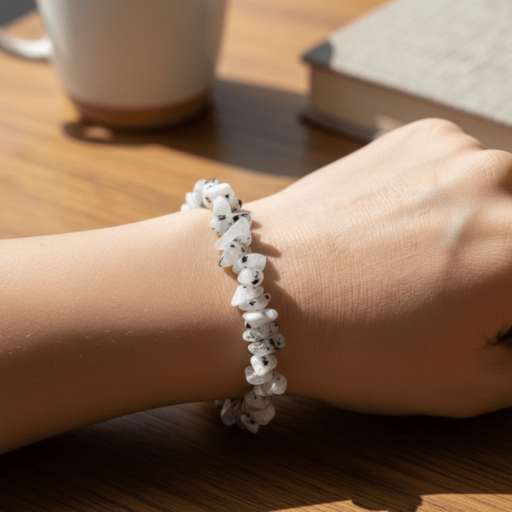 Bracelet pierre de lune arc en ciel Inde A (péritérite) perles baroques - La Boite à Cailloux