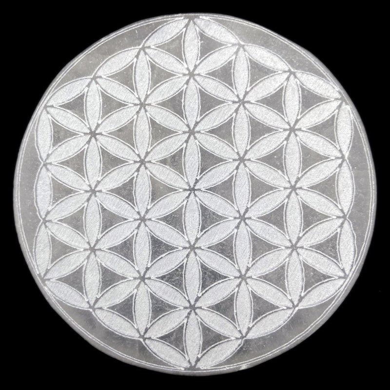 Plaque de rechargement sélénite fleur de vie avec contour 150mm - La Boite à Cailloux