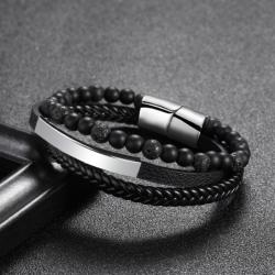 Bracelet Homme cuir onyx dépoli-pierre de lave (finition au choix)