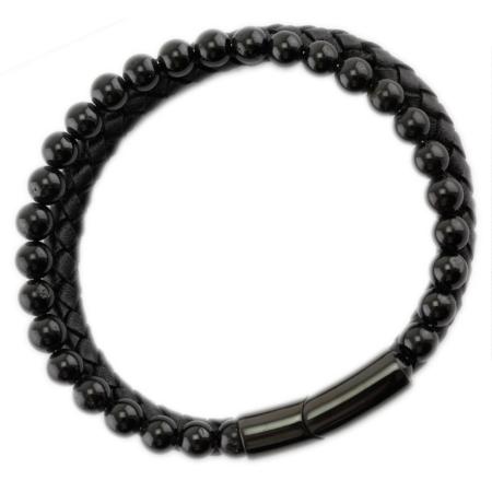 Bracelet Homme cuir tourmaline noire (boules 5-6mm)
