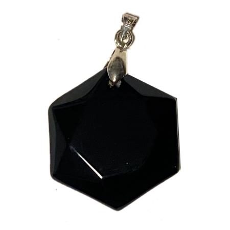 Pendentif  obsidienne noire Mexique A (sceau de salomon) acier inoxydable