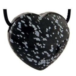 Coeur perc obsidienne neige Mexique A 30mm + cordon 