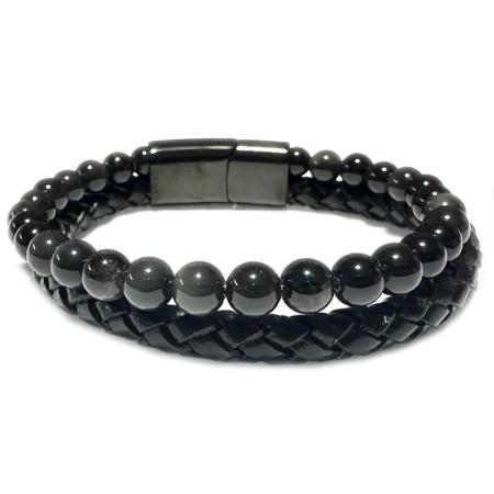 Bracelet Homme cuir obsidienne noire (boules 5-6mm)