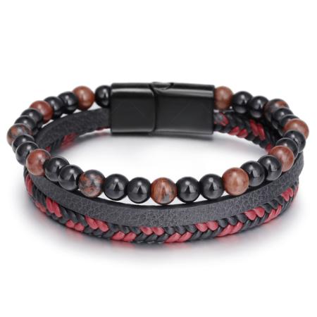 Bracelet Homme cuir rouge onyx obsidienne acajou (boules 5-6mm)