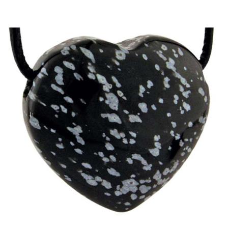 Coeur percé obsidienne neige Mexique A 30mm + cordon cuir