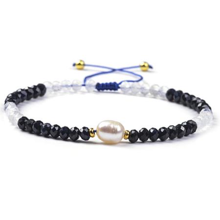Bracelet Shamballa multi spinelle noir, pierre de lune et perle d'eau douce (perles facettées 3-4mm)
