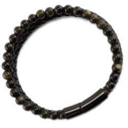 Bracelet Homme cuir obsidienne dorée (boules 5-6mm)