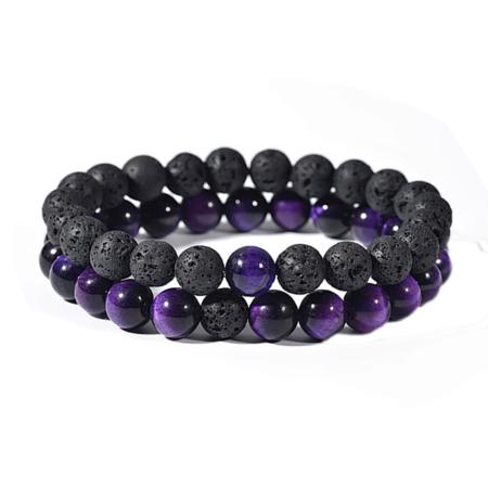 Lot de 2 bracelets pierre de lave et oeil de tigre teinté violet (boules 7-8mm)