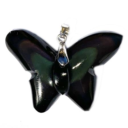 Pendentif papillon obsidienne oeil céleste acier inoxydable