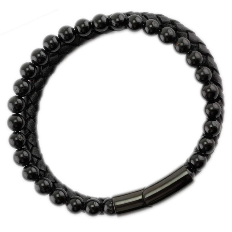 Bracelet acier et cuir noir tressé 21 cm | MATY