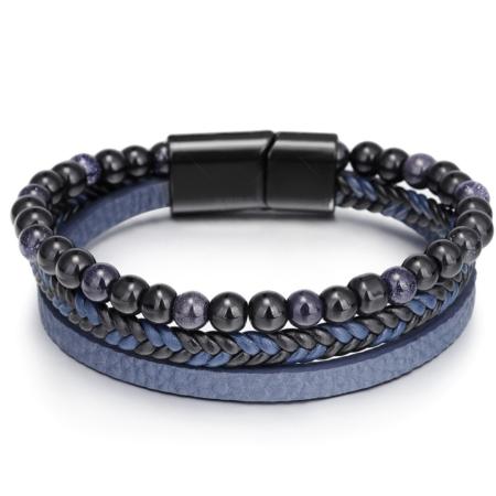 Bracelet Homme cuir bleu onyx pierre d'or bleue (boules 5-6mm)