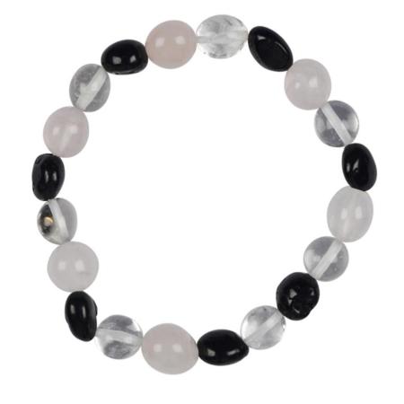 Bracelet multi-pierres quartz rose-cristal de roche-tourmaline noire (pierres roulées 9-10mm)