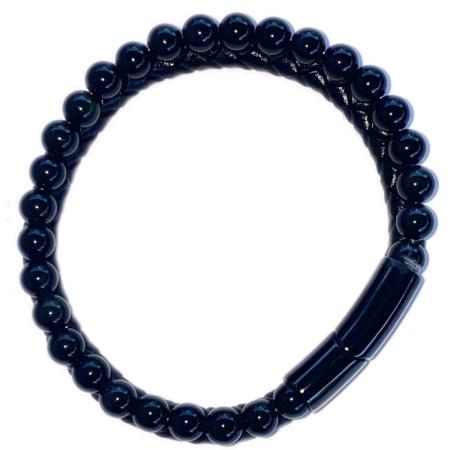 Bracelet Homme cuir obsidienne noire (boules 5-6mm)