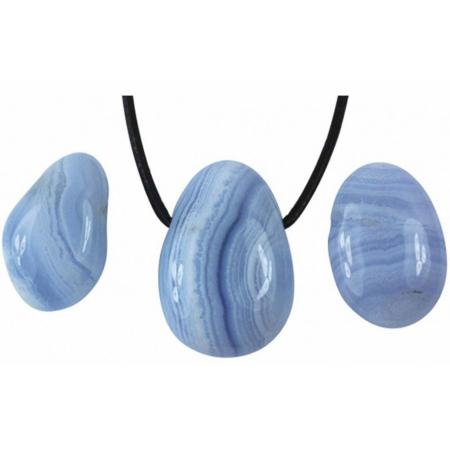 Pendentif calcédoine bleue Extra (pierre trouée) + cordon en cuir