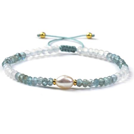 Bracelet Shamballa  multi Apatite bleue, pierre de lune et perle d'eau douce (perles facettées 3-4mm)