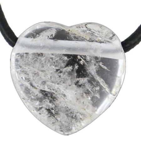 Pendentif coeur percé cristal de roche + cordon en cuir