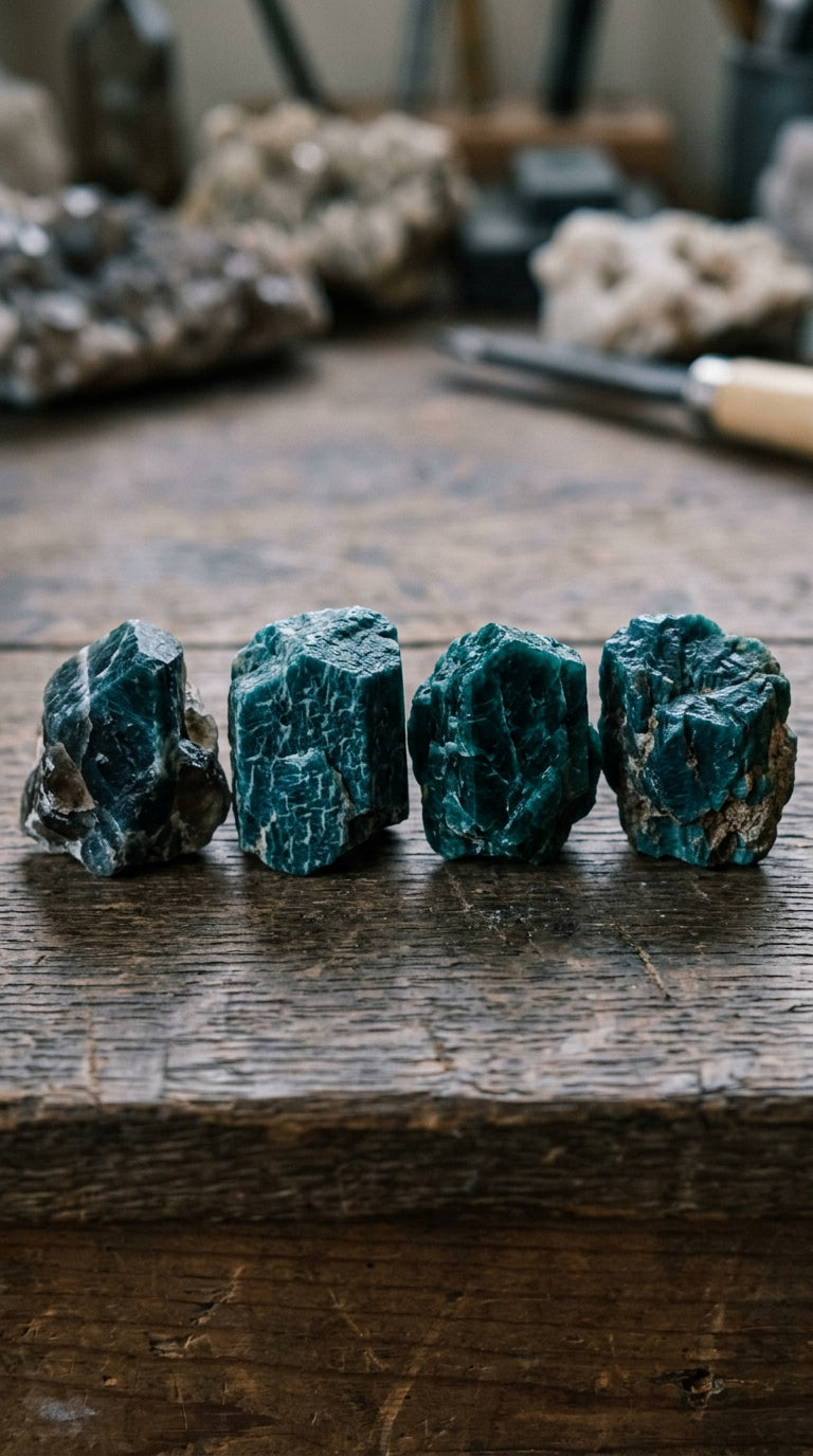 Cristaux bruts d'amazonite bleu-vert alignés sur une table