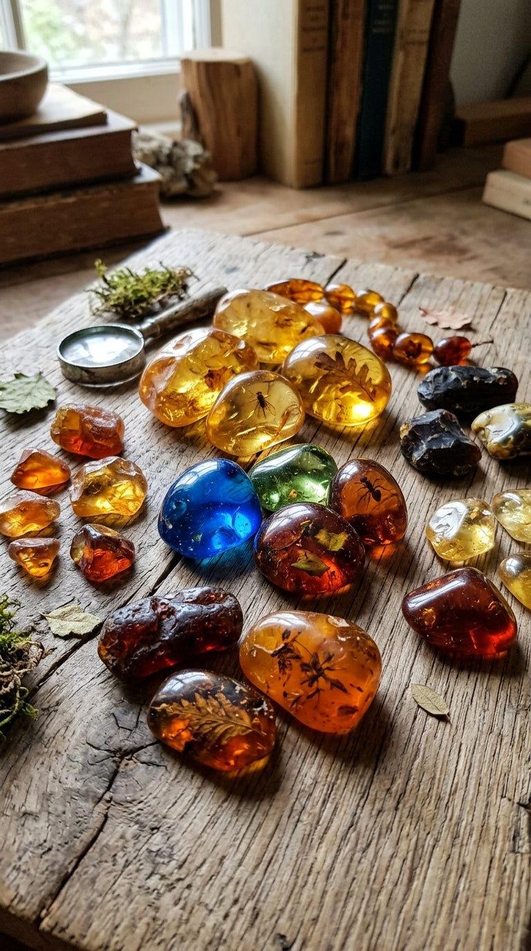 Morceaux d'ambre de plusieurs couleurs posés sur une table en bois