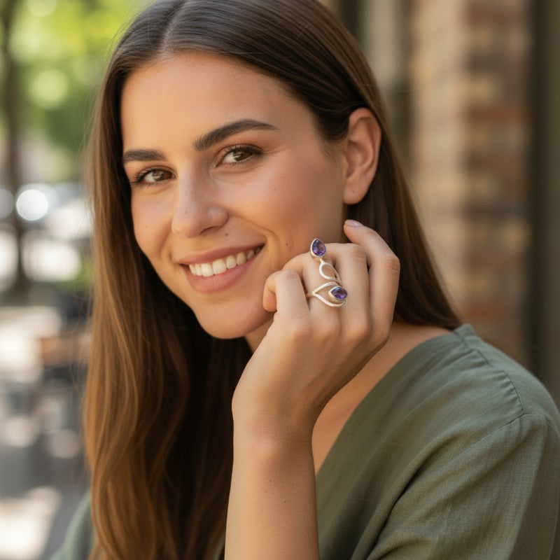 Anillo ajustable amatista Brasil AA plata 925